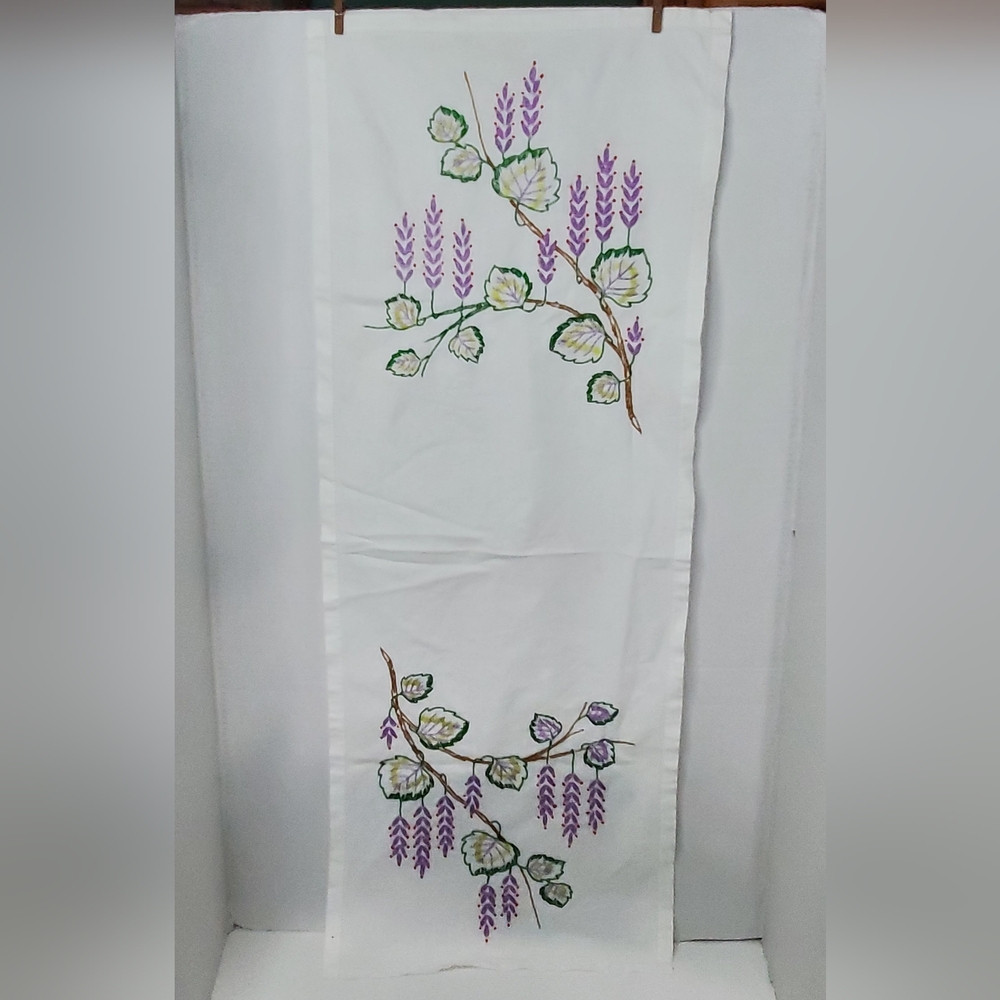 Vintage Embroidered Purple Wisteria Floral White Table Runner